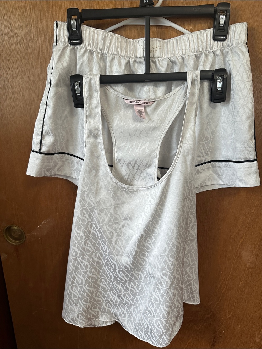 Victoria's Secret White Satin Monogram Tank & Short Set with Black Piping